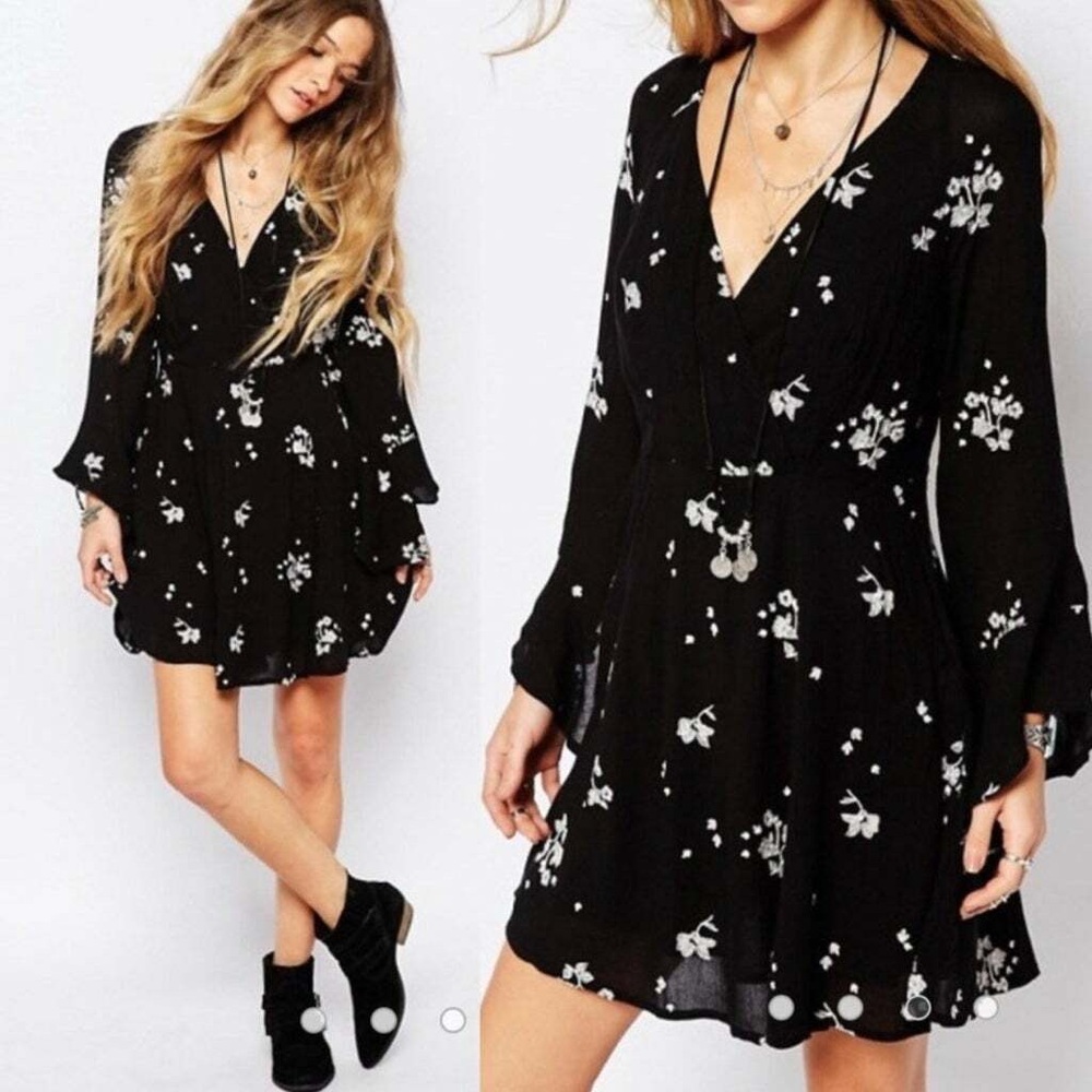 Free People Jasmine Boho Bell Sleeve Dress in Storm Combo